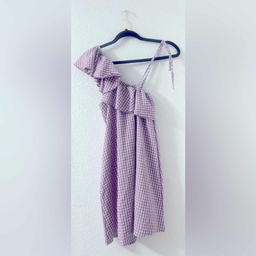 Trend Blossom One Shoulder Plaid Dress